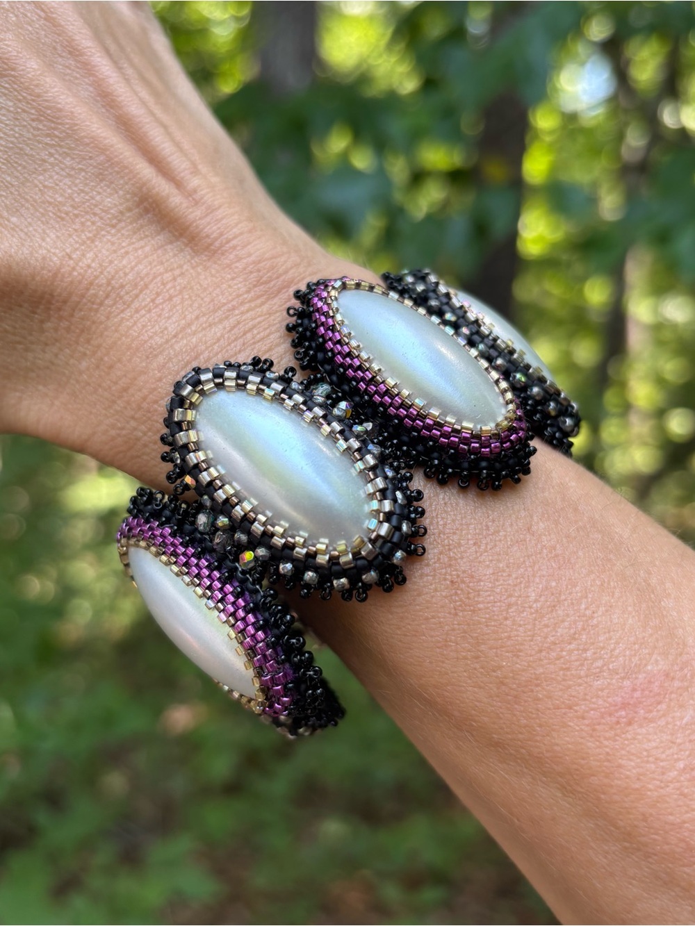 Vintage Pearl Swarovski Crystal Bead Embroidered Cuff Bracelet